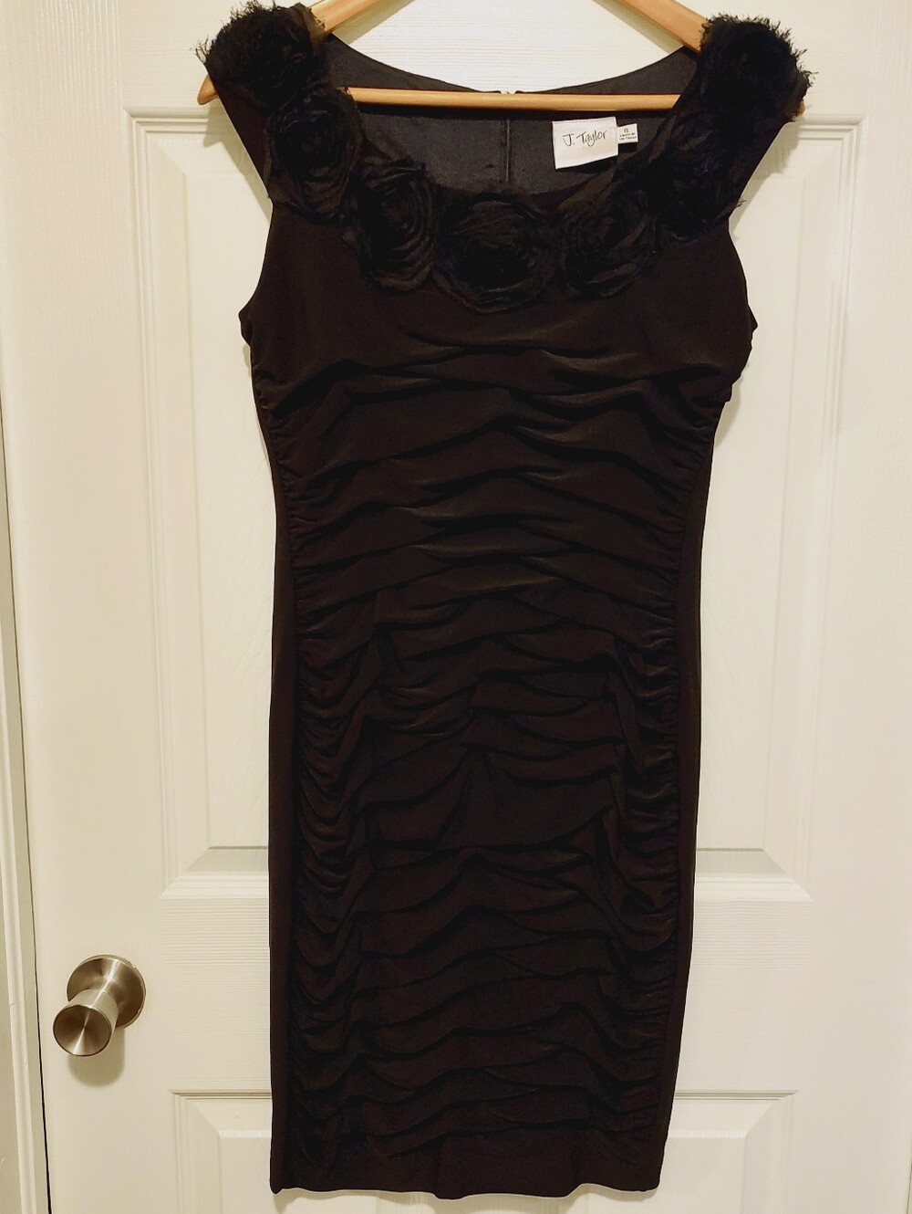 J. Taylor Black Ruched Midi Dress with Rosette Neckline